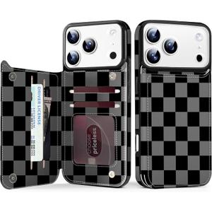 TopPerfekt for iPhone17 Pro Max Case Wallet Card Holder, Military-Grade Drop Protection,Flip PU Leather Built,Double Magnetic Clasp and Durable Shockproof for iP17 PM5G 2025 Cover-Checkered Black Gray
