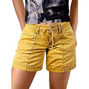 Flamingals Low Waist Shorts for Women Casual Chic Drawstring Dual Button Stitch Detail Shorts Yellow L