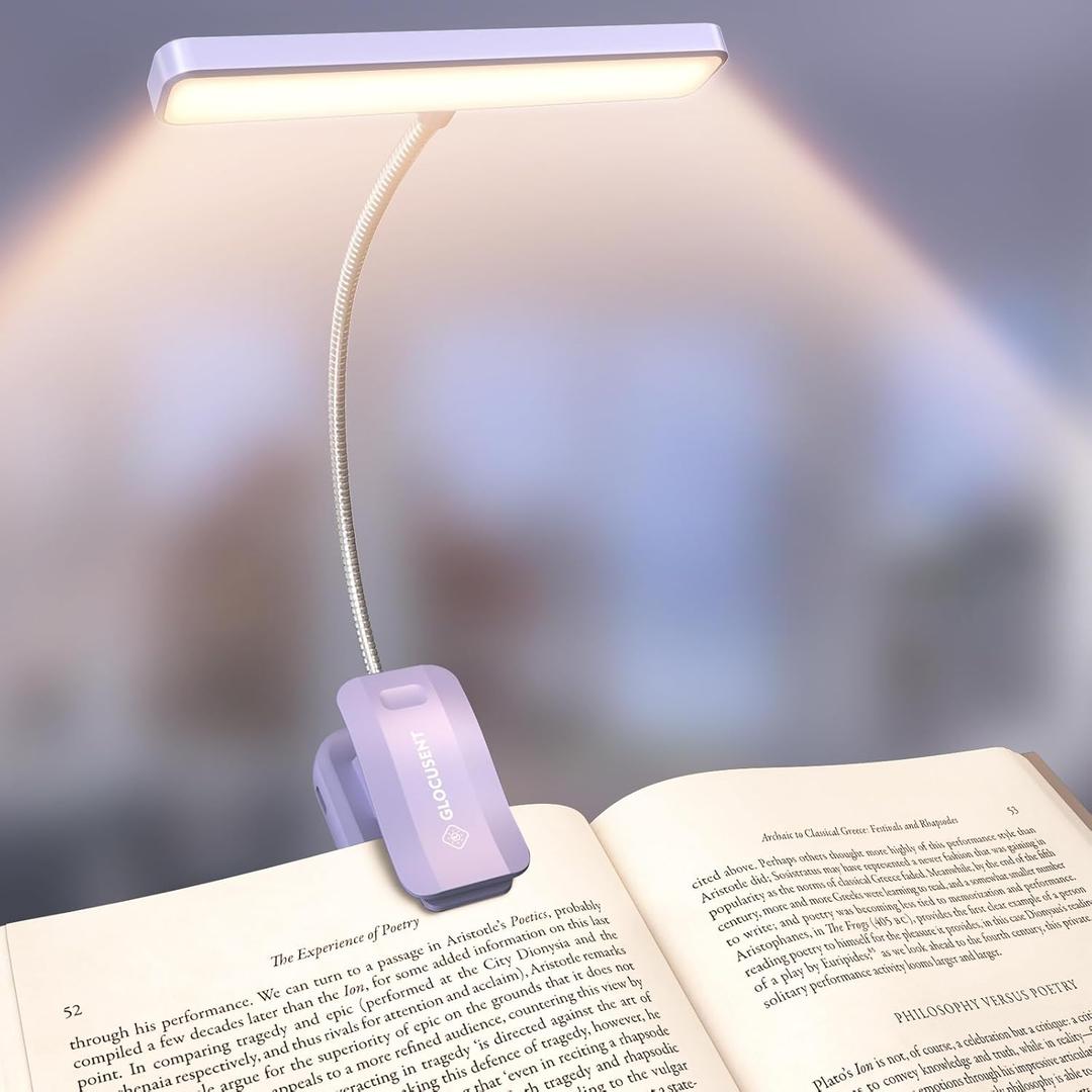 Glocusent 26 LED Book Light, 1200 mAh 90 Hrs Lasting Rechargeable Reading Light, 5 Amber Colors & Stepless Dimming Book Reading Light - Portable Clip on Light for Book Lovers Kids (Purple)