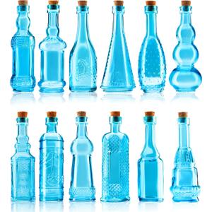 Small Blue Vintage Glass Bottles with Corks, Mini Vases, Decorative, Potion, Assorted Design Set of 12 pcs, 4.6 Inch Tall (11.43cm), 1.4 Inch Wide (3.56cm)