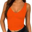 ForeFair Women's Sleevelsee V Neck Crop Tank Top Summer Double Layer Going Out Workout Casual Basic Tops (Orange, S)