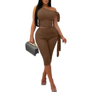 Vssjavun Women's 2 Piece Outfits Sexy Sleeveless One Shoulder Crop Tops Bodycon Capri Pants Sets (Large, Brown)