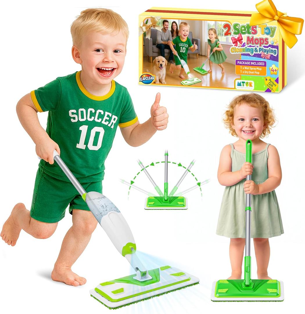 2-Set Toy Mop for Kids - Toddler Real Spray Flat Floor Mop Montessori Cleaning Toy Set, Educational and Fun Gifts for Boys and Girls Ages 4+ (Green)