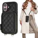 Bocasal Crossbody Wallet Case for iPhone 16, RFID Blocking PU Leather Zipper Handbag Purse Flip Cover, Kickstand Folio Case with Card Slots Holder Wrist Strap Lanyard 5G 6.1 Inch (Black)