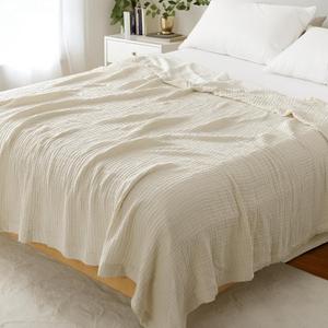 Cotton Muslin Blanket Queen Size for Bed Couch, Lightweight Breathable Bed Blankets, Soft Gauze Blanket for Summer, Queen Muslin Blankets for Adults and Kids, Beige, 90x90 Inches