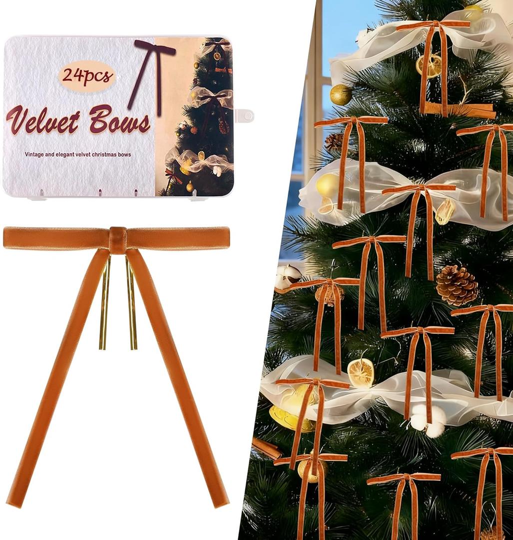 2 x Camel Velvet Bows for Christmas Tree 24 Pcs: Vintage Velvet Ribbon Bows for Tree Wreath Garland Gift Wrapping Decor - Small Christmas Tree Bows for Home Holiday Xmas Decoration (5"x7", 3/8" Width)