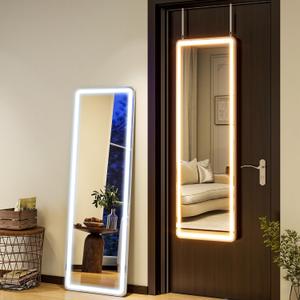 Door Mirror Full Length with Lights,Tempered Glass 16"x48" Led Full Length Mirror with Dimming & 3 Color Lighting,Door Hanging & Standing Ideal for Bedroom, Dressing Room, Cloakroom Rectangle