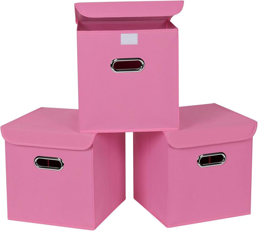 Closet Organizers Fabric Storage Bins With Lids Collapsible Cube Storages Organizer Basket With Handles,Storage Boxes for Clothes Storage,Office,Toys,3 Pack,Pink