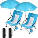 2PCS Folding Beach Chair with Umbrella, Low Profile Portable Sand Chair for Adults, Breathable Mesh Beach Seat with Cup Holder, Heavy Duty Lightweight Camping Chair for Travel, Ocean Blue