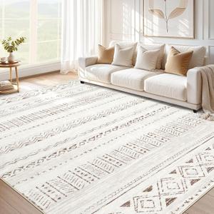 cotiled 10x12 Area Rug Living Room: Washable Boho Rugs with Non Slip Backing Large Soft Indoor Stain Resistant Carpet for Bedroom Farmhouse Dining Room Lightweight Home Decor L Brown/Cream