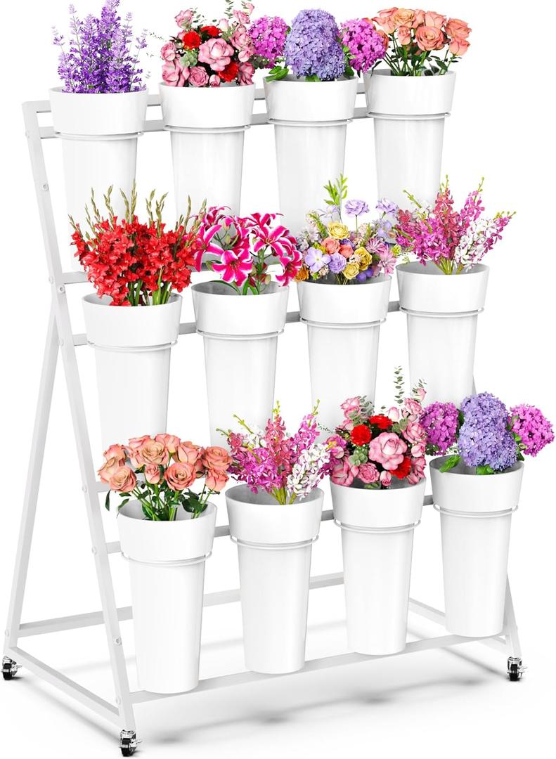 Asee'm Flower Display Stand with Buckets, 3 Layer Metal Flower Bar Stand, Heavy Duty Flowers Cart Display with Wheels Moving Plant Bouquet Shelf for Indoor Outdoor Patio Decor Terrace Wedding White