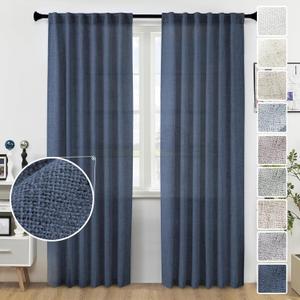 Navy Blue Polyester Curtains 96 Inches Long 2 Panel Set Midnight Blue Light Filtering Privacy Semi Sheer Curtain Panels Modern Farmhouse Window Drapes for Living Room Bedroom Indigo, 8FT 