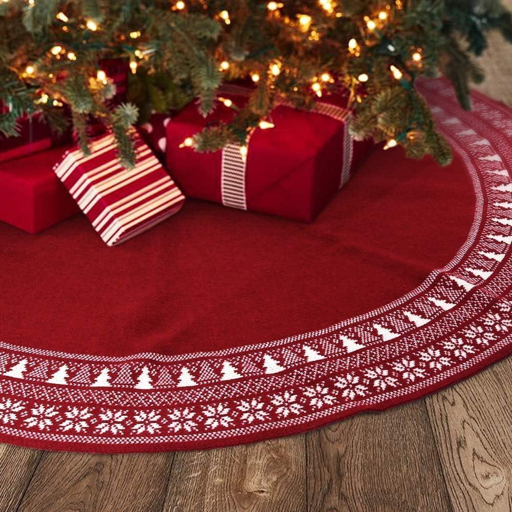 Christmas Tree Skirt, Christmas Decorations,Knitting Wool Retro Small Snowflake Xmas Tree Skirt Decorations,Can be Used as a Shawl.(48 Inch,Red)