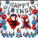 Spidey Birthday Decorations, Party Supplies Set Include Banner, Backdrop, Balloons, Hanging Swirls, Cake Cupcake Toppers, Tablecloth for Boys Girls Spidey Theme Party