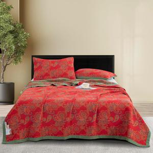 100% Cotton Muslin Blanket Jacquard Red Paisley Quilt, Super Soft 3 Layers Gauzy Breathable Reversible Lightweight Bed Cover Bedspread Coverlet for All Seasons, King(98"x94"), No Pillow Sham