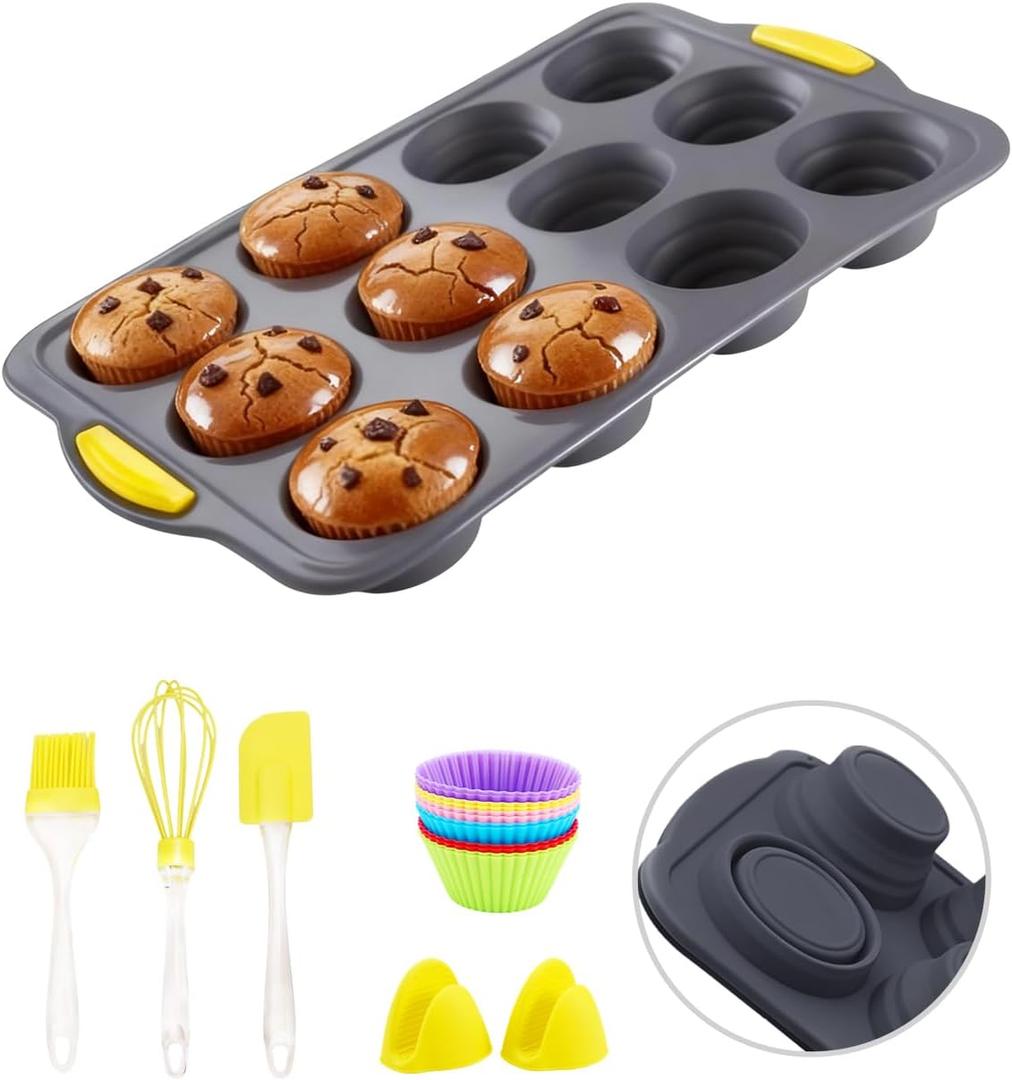 12-Cups Foldable Silicone Muffin Pan with Metal Reinforced Frame - Non-Stick Heat-Resistant Baking Mold for Muffins, Cupcakes, Mini Treats - Easy Storage Silicone Baking Pan, 7-Piece Baking Set