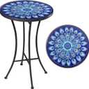 Vipush Mosaic Outdoor Side Table, 14" Round Folding Plant Stand for Patio Garden Backyard Balcony Porch Indoor Accent End Table for Living Room, Ceramic Tabletop with Black Iron, Blue Feather