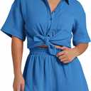 Flygo Womens Casual 2 Piece Outfits Cotton Linen Sets Button Down Oversized Shirt Shorts 2025 Pajama Lounge Beach Set (Small, Blue)