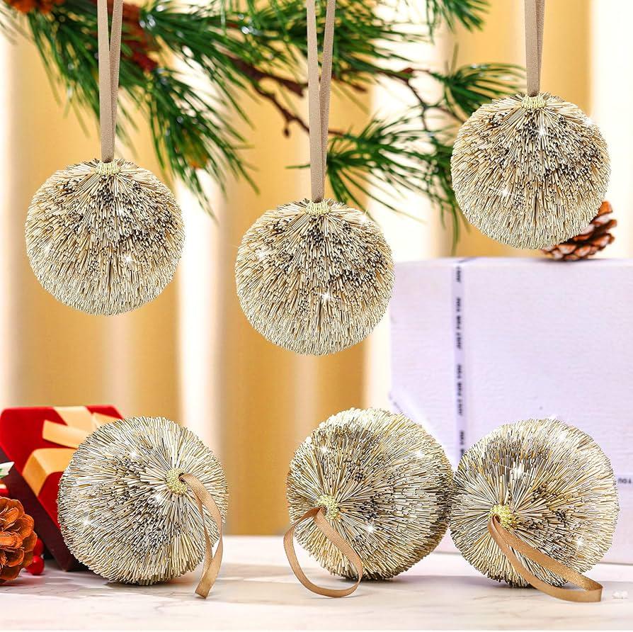 Lunmon 6 Pcs 4" Large Christmas Ball Ornaments Champagne Gold Christmas Tree Ornaments Pipa Glitter Sequin Balls for Xmas Tree Holiday Party Decorations