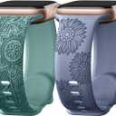 Odbeai Floral Engraved Band Compatible with Apple Watch Bands for Women 38mm 40mm 41mm 42mm 44mm 45mm 46mm 49mm,Soft Silicone Cute Sport Strap for iWatch Bands Women Series 11 10 9-1 SE Ultra1/2/3 (A-Pine Green+Blue Gray)