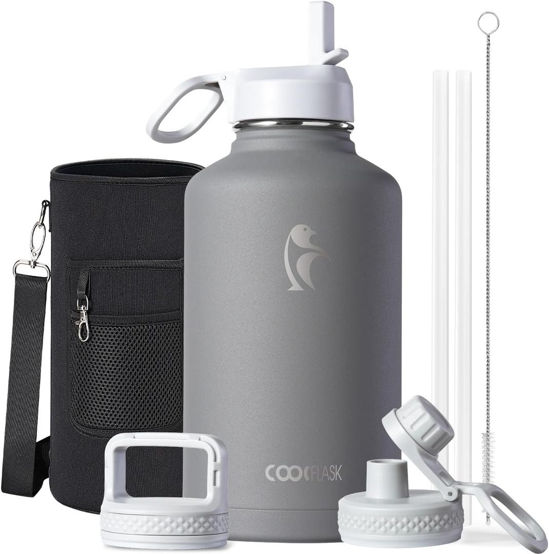 Half Gallon Water Bottle Insulated with Straw & 3 Lids, Coolflask 64 oz Water Jug Large Metal Stainless Steel Wide Mouth for Sports, Gym or Office, Non-BPA Keep Cold 48H Hot 24H, Dark Grey