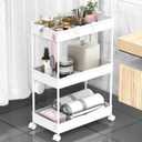 SPACELEAD 3 Tier Rolling Cart with Wheels, Storage Craft Art Trolley Organizer Serving, 3 Hanging Baskets Easy Assembly, for Office, BathroomLiving Room, Kitchen, White, 3-layer