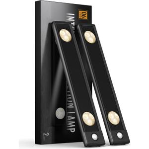 Under Cabinet Lights, Wireless Motion Sensor Light Indoor, Black 10in LED warm Lighting Rechargeable Battery Operated,4 Modes Night Light, Stick-On Magnetic Closet Lights for Kitchen, Hallway(2 Pack)