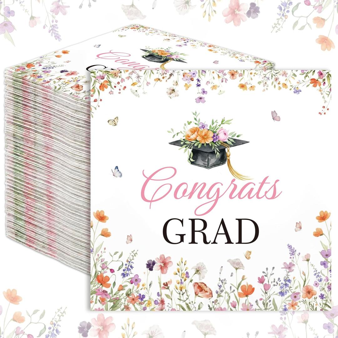 LemonRoad 100 Pack Floral Graduation Paper Napkins 6.5 x 6.5” Congrats Grad Wildflower Napkins Class of 2026 Graduation Party Decoration for College High School Spring Grad Party Supplies