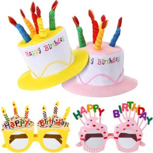 Coume 2 Plush Birthday Hats for Adults, 2 Sweet Cream Glasses, Party Novelty Decorations Happy Birthday Hats (Pink, Yellow)
