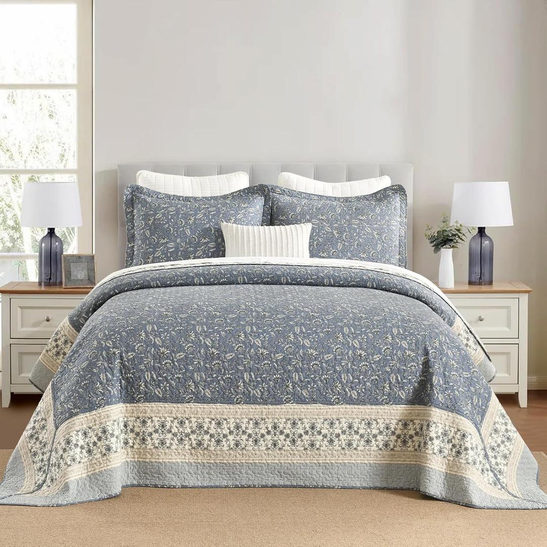 DDUOXIN Lightweight King Bedspread 120"x120" - 100% Cotton Reversible Oversized King Quilt with 2 Pillow Shams, Farmhouse Botanical Bedspreads Coverlet Set, Grayish-Blue/Beige, 3 Piece