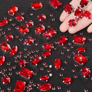 WILLBOND 156 Pcs Sew on Rhinestones Claw Flatback Crystal Rhinestones Metal Prong Setting Gems Acrylic Glass Sewing Gems for Clothes DIY Craft Shoes Dress Jewelry Making(Red)