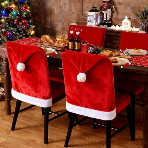 Kaimeng Christmas Chair Cover, Santa Hat Chair Covers with 6Pcs Silverware Holders Santa Chair Back Cover for Christmas Dinner Table Holiday Party Decoration
