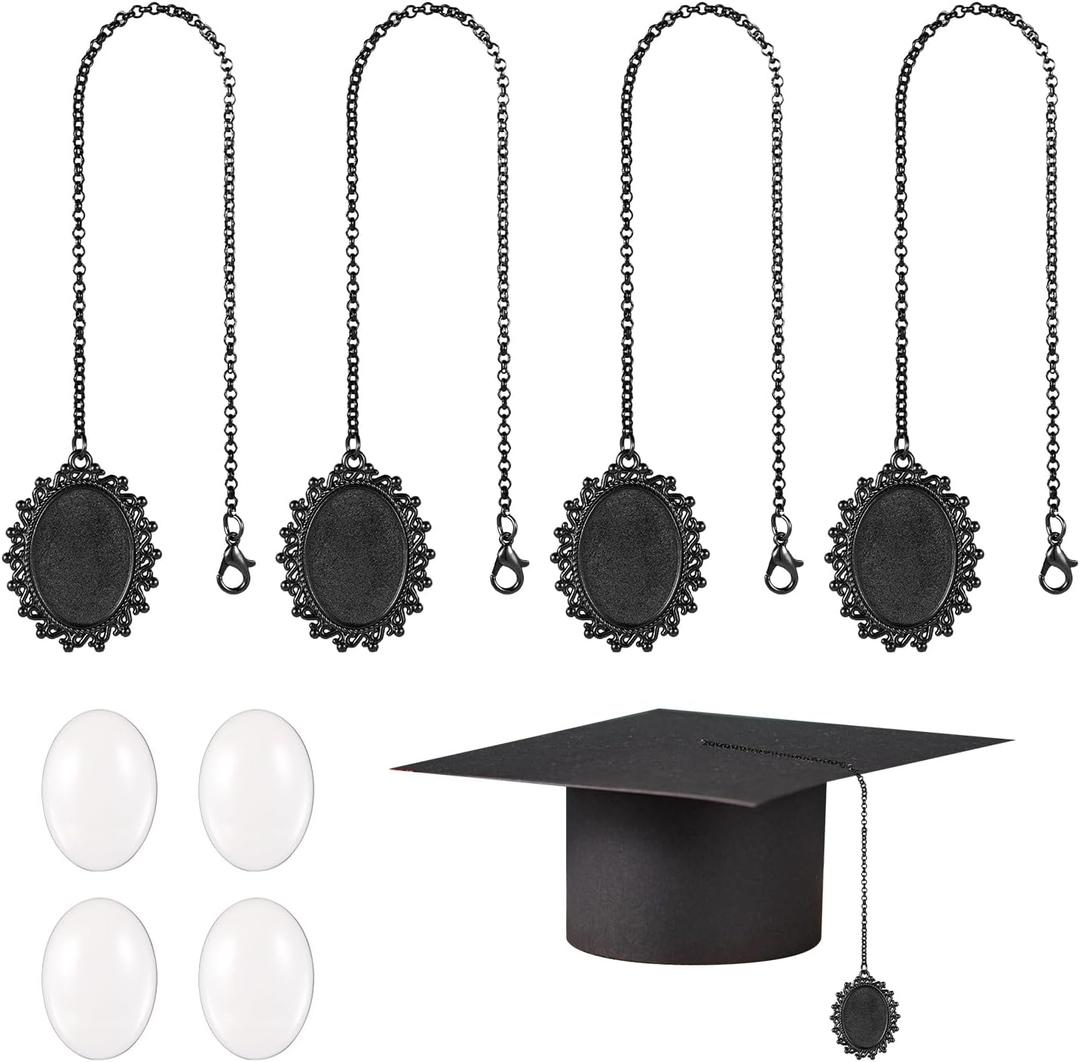 4pcs Graduation Cap Photo Charm, Tassel Picture Charm Memorial Photo Pendant Graduation Cap Tassel for Caps Formal Ceremony (Black)
