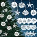 2 x Coastal Christmas Tree Hanging Decor Wooden Ornaments Starfish, 12 Pcs Beach Christmas Ornaments Seashells Sanddollar for Nautical Xmas Tree Fireplace Home White Decoration