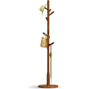 Solid Wood Round Base Coat Rack, Free Standing Hall Coat Tree with 8 Hooks+2 spare for Coats, Hats, Bags, Purses, for Entryway, Hallway, Rubberwood Hooks,Base and Pole(Round Base,Brown)