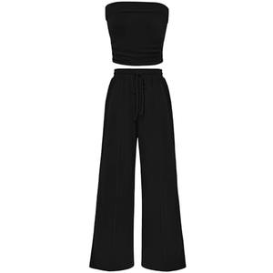 PRETTYGARDEN Womens Summer Outfits 2 Piece Sets Casual Ribbed Knit Crop Tube Top Wide Leg Pants Spring Matching Lounge Set Size S