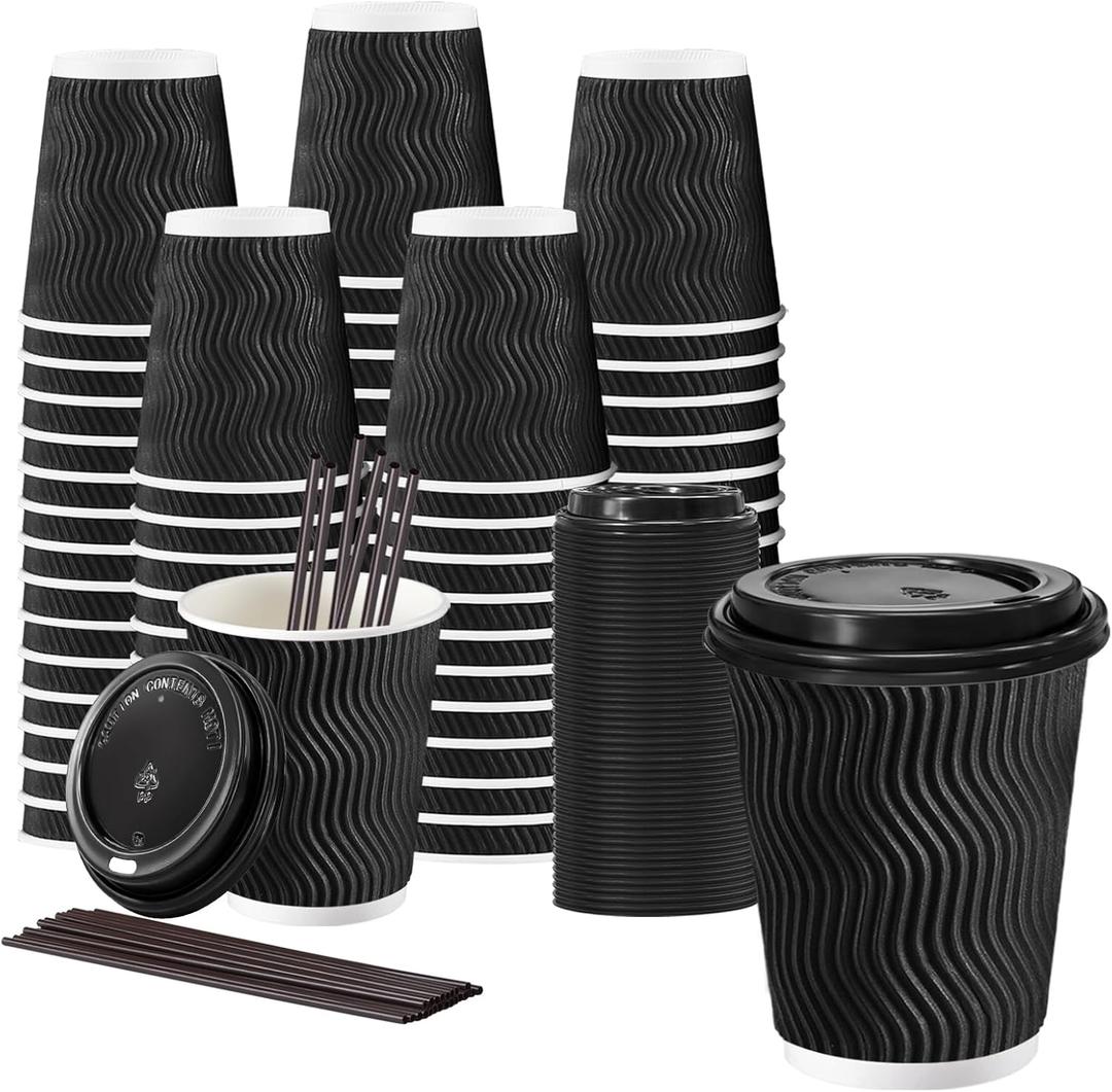 Lamosi 10 oz Disposable Coffee Cups with Lids, 50 Pack Insulated Hot Cups To Go Paper Coffee Cups with Lids and Straws, Corrugated Ripple Wall Cup for Hot Drink, Office, Coffee Bar (Black)
