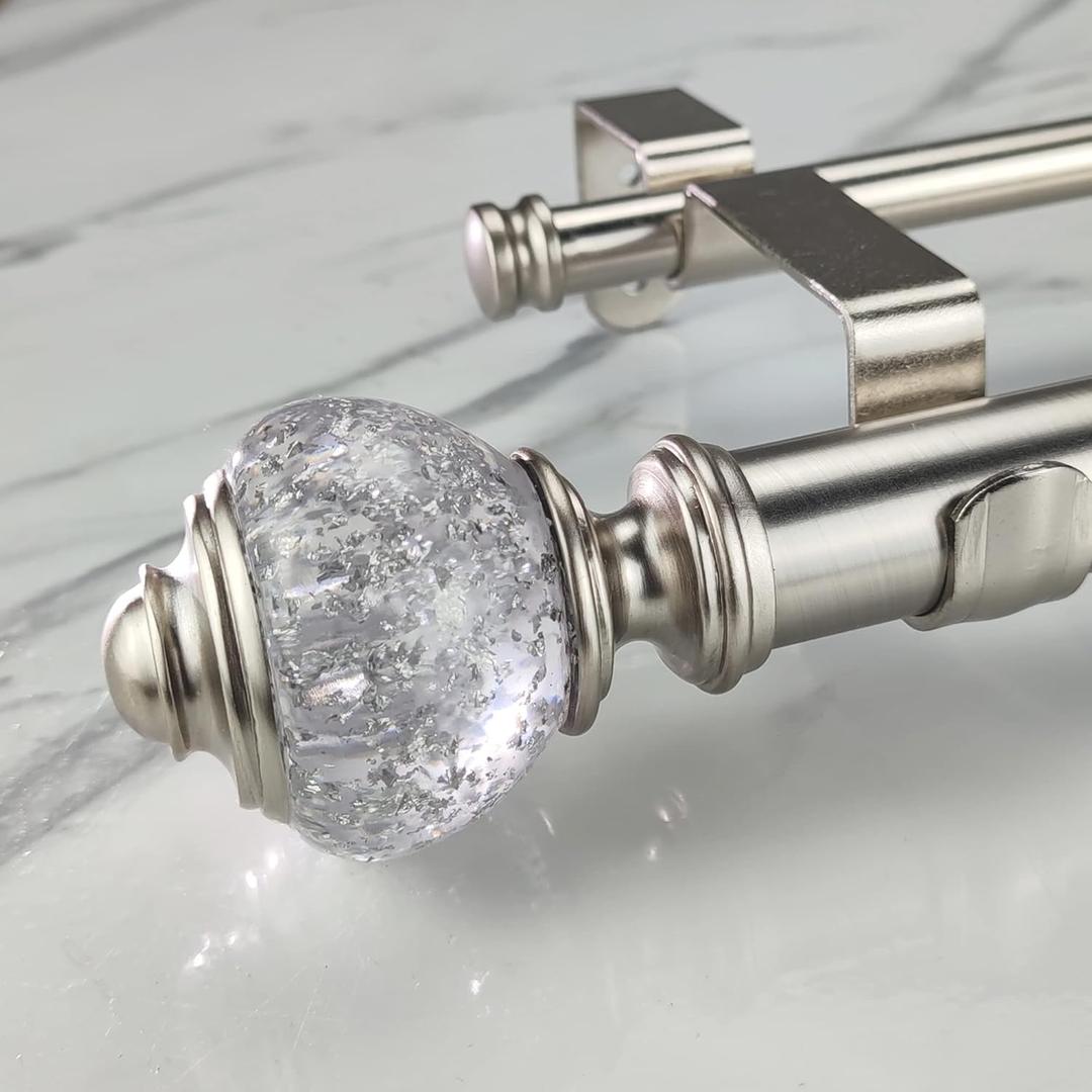 Double Curtain Rods Set: 1-1/8 Inch Diameter Luxury Curtain Rods, 36-72 Inches Adjustable Drapery Rod with Clear Silver Foiled Finials