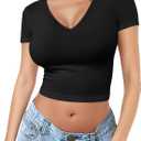 Short Sleeve V Neck Crop Top for Women Soft Workout Shirt Going Out Tops Sexy Slim Fitted Casual Base Layer Lightweight (Small, Black)