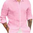 Mens Button Up Shirts Linen Beach Long Sleeve Casual Cotton Summer Lightweight Tops, Large