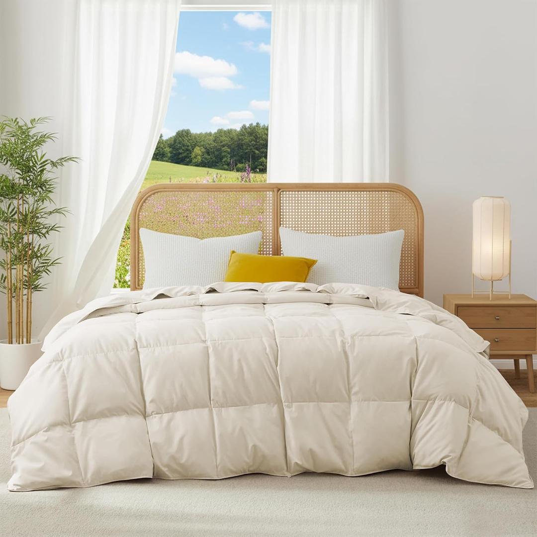 Joysoul Lightweight Down Comforter Queen Size, Goose Feathers Fiber Comforter for Hot Sleepers, Breathable & Ultra Soft Fluffy Duvet Insert, Thin Bedding for Summer,Cream (88" X 88")
