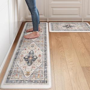 Collive Farmhouse Anti Fatigue Kitchen Mat, Cushioned Kitchen Rug Sets of 2 Waterproof Non Slip Kitchen Floor Mats Ergonomic Comfort Standing Mat for Laundry, Office, Sink, Desk, Blue/Multi (17.3"x59"+17.3"x30"--0.47 inches)