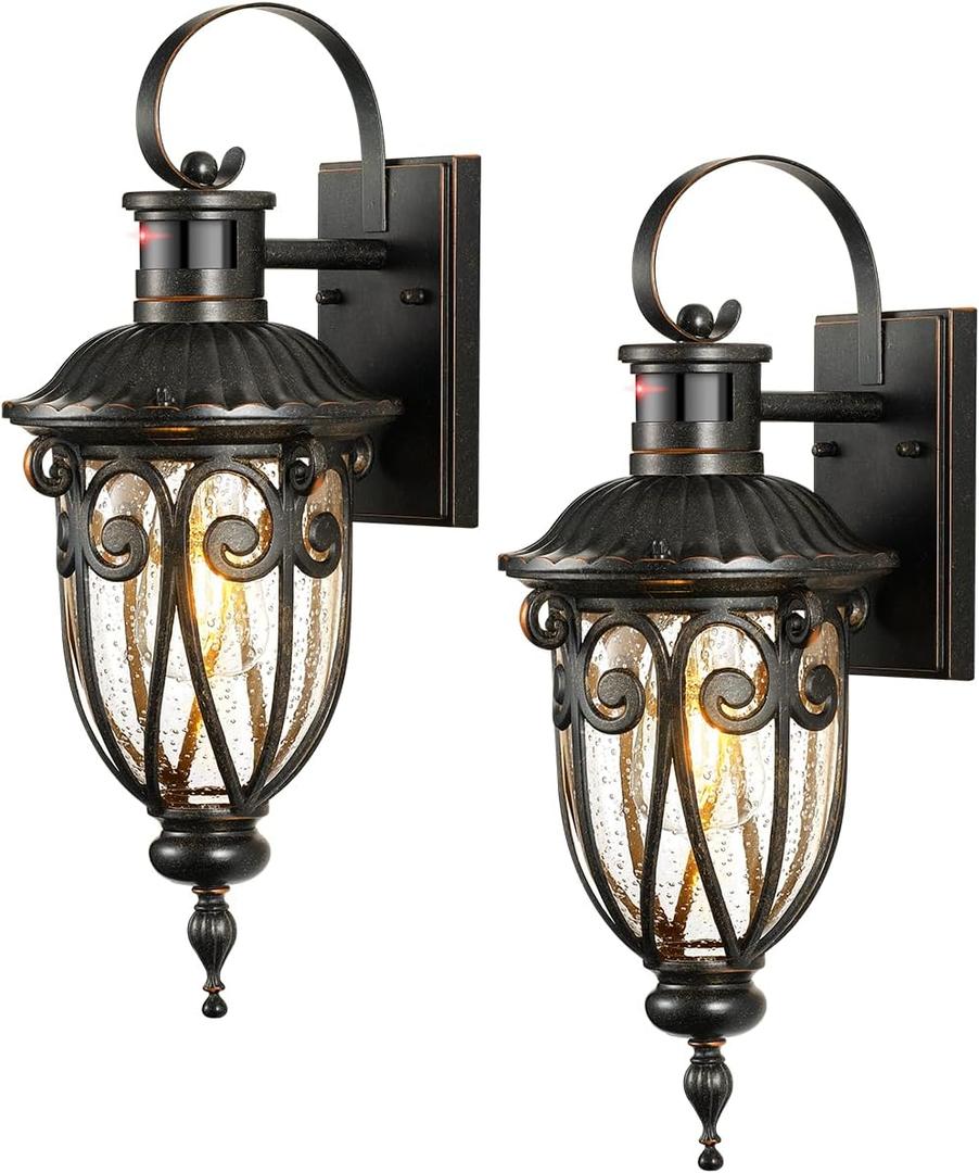 VIANIS Outdoor Motion Sensor Light, Dusk to Dawn Outdoor Light Fixtures, 2 Pack Outside Lights for House, Anti-Rust Bronze Outdoor Wall Lights for House, Garage, Entryway, Seed Glass, Vintage Style (2 Pack Oil-Rubbed Bronze)