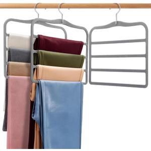 Velvet Pants Hangers 2-Pack, Space Saving Multi-Tier Closet Organizers for Jeans Trousers Skirts Scarves, Heavy Duty Non-Slip Vertical Storage for College Dorm & Apartment Essentials, Grey