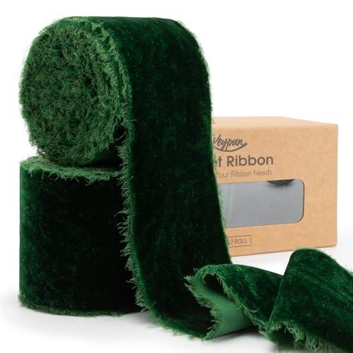 Keypan Green Velvet Ribbon 2-1/2 Inch x 6 Yd Handmade Frayed Vintage Wide Ribbons for Christmas Tree Home Decor Wreath Craft Ornaments Gift Wrapping