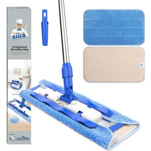 MR.SIGA Professional Microfiber Mop for Hardwood, Laminate, Tile Floor Cleaning, Stainless Steel Telescopic Handle - 3 Reusable Flat Mop Refills and 1 Dirt Removal Scrubber Included (Blue)