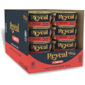 Reveal Natural Wet Canned Cat Food, Limited and Natural Ingredients, Grain Free, High Protein with No Artificial Additives, Tuna with Crab in Broth (24 x 2.47 oz Cans) BB 13/May/2028