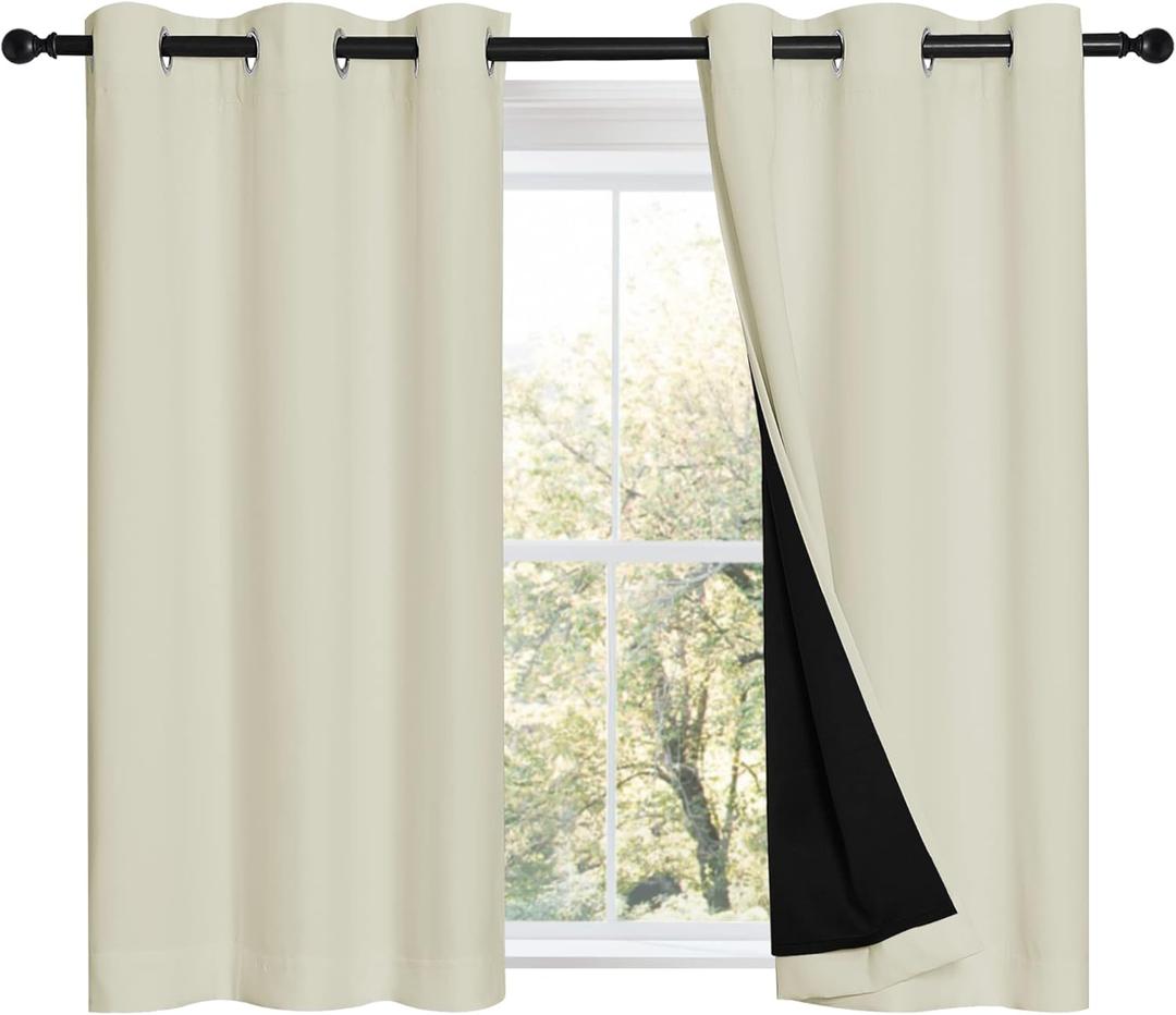 NICETOWN Cold Reducing Curtains, Bedroom Full Blackout Panels, Super Thick Insulated Window Covers, Complete Blackout Draperies with Black Liner for Short Window (Beige, Set of 2, 42 by 45-inch)