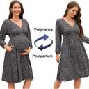 OUGES Womens 2023 Fall Long Sleeve Maternity Dress for Baby Shower Photoshoot V Neck High Waist Midi Dress with Pockets (L)