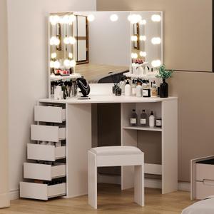 Garvee Corner Vanity Desk and Bench, Makeup Vanity Table with 3-Folding Lighted Mirrors, Charging Station, 5 Drawers for Bedroom, 43 inches x 21 inches x 57 inches
